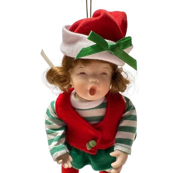 Porcelain Christmas Elf Doll Ornament With Red Vest Green Striped Outfit & Hat - Picture 2 of 8
